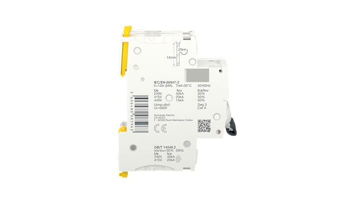 Interruttore magnetotermico Schneider Electric A9F90273, 2 poli, 2.5A, 40 kA, montaggio su guida DIN, tensione 440V.