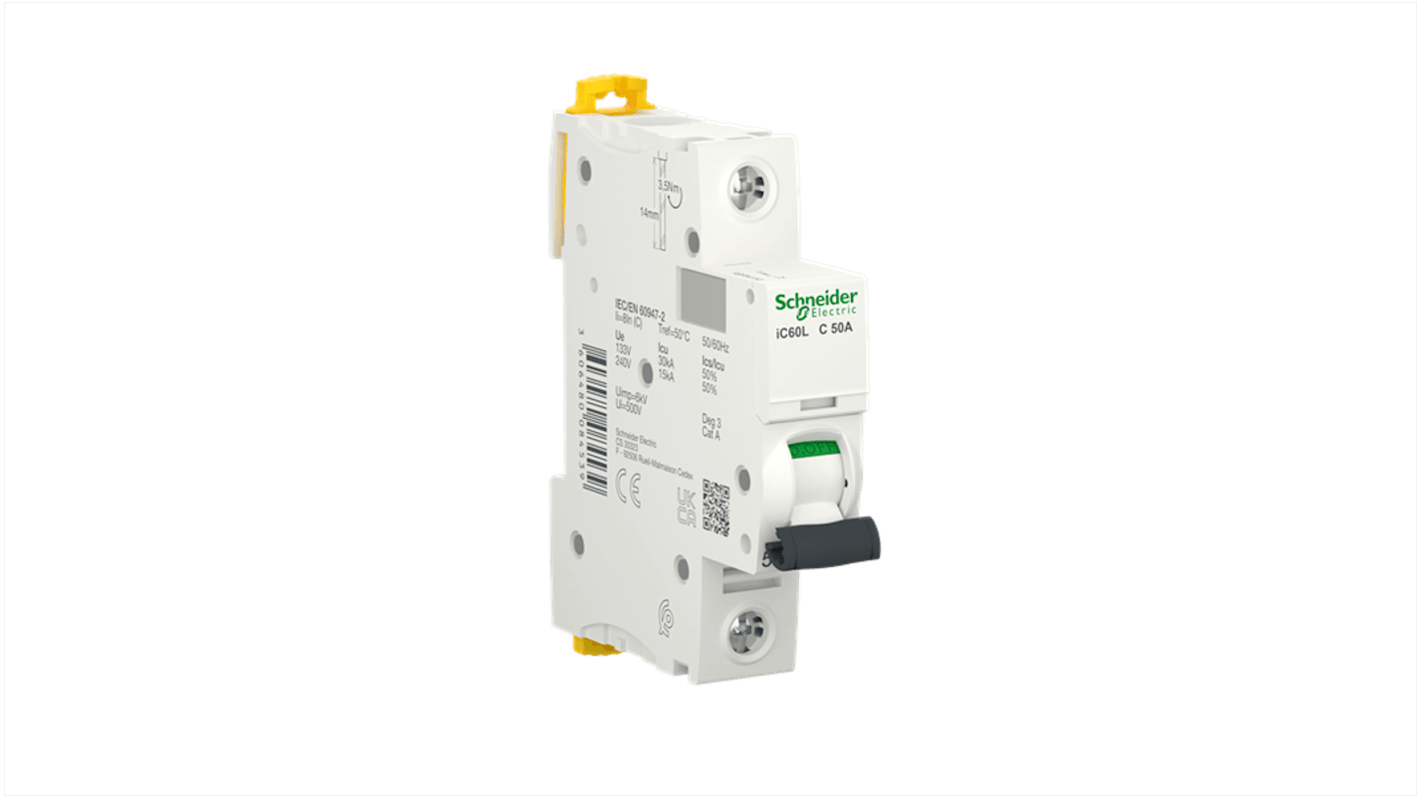 Interruttore magnetotermico Schneider Electric A9F94150, 1P 50A, Tipo C, capacità di rottura 15 kA, design compatto.