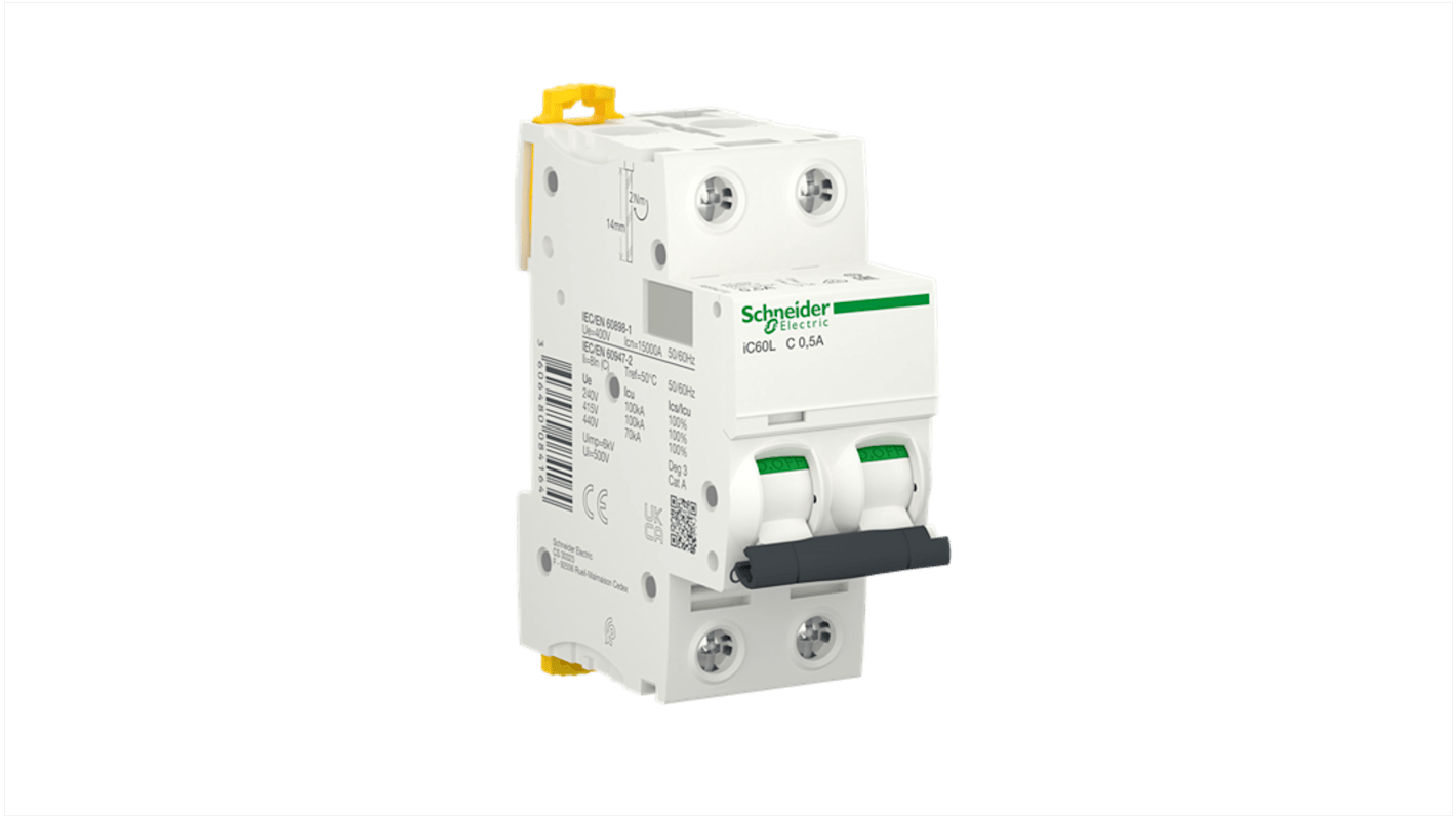 Interruttore magnetotermico Schneider Electric A9F94270 - 2P 500mA 15 kA Tipo C. Protezione affidabile per circuiti elettrici, conforme agli standard EN e IEC.