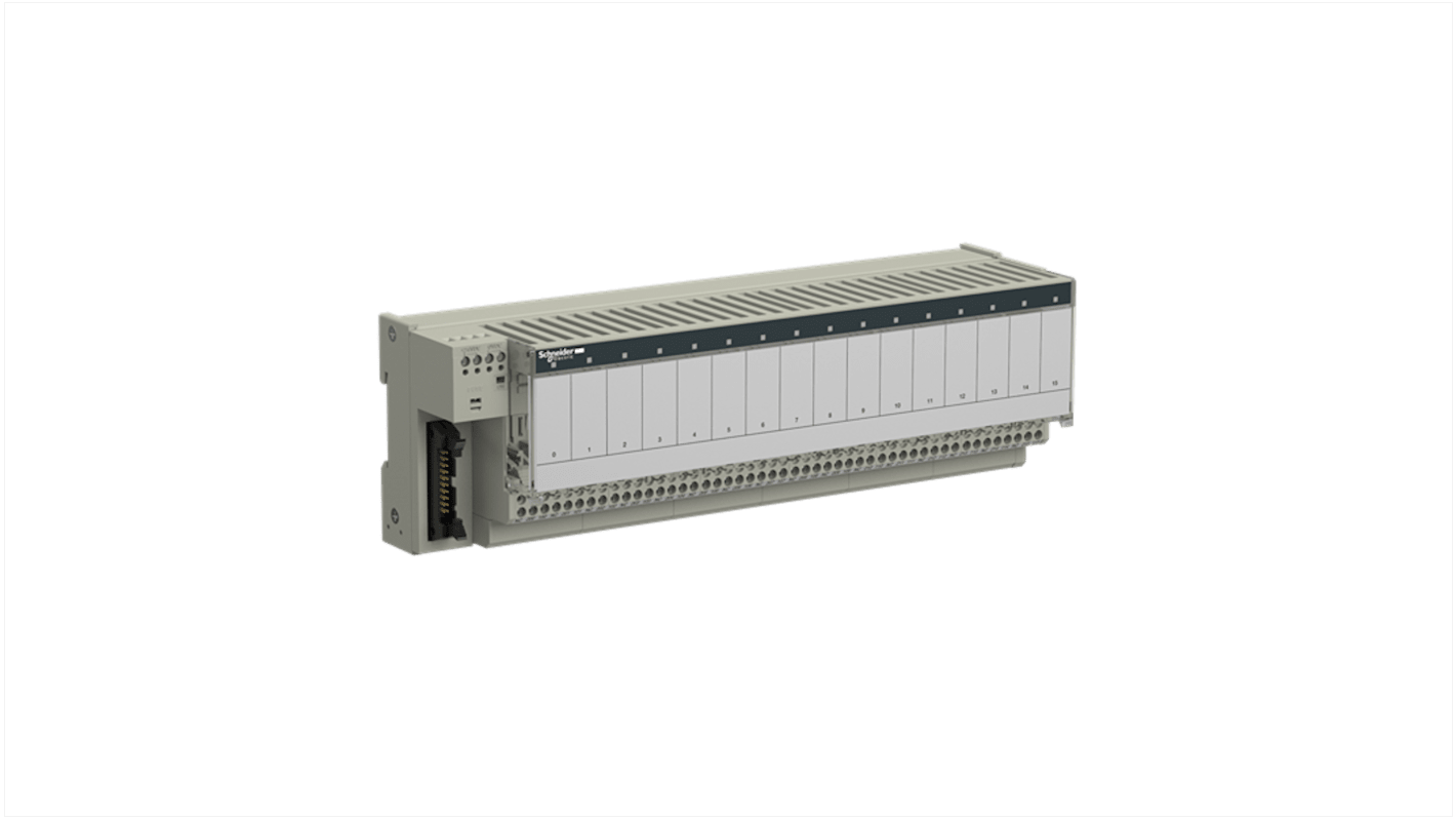 Modulo relè Schneider Electric ABE7P16F310 a 16 canali, alimentazione 19-30 V, montaggio su guida DIN, indicatori LED per stato.