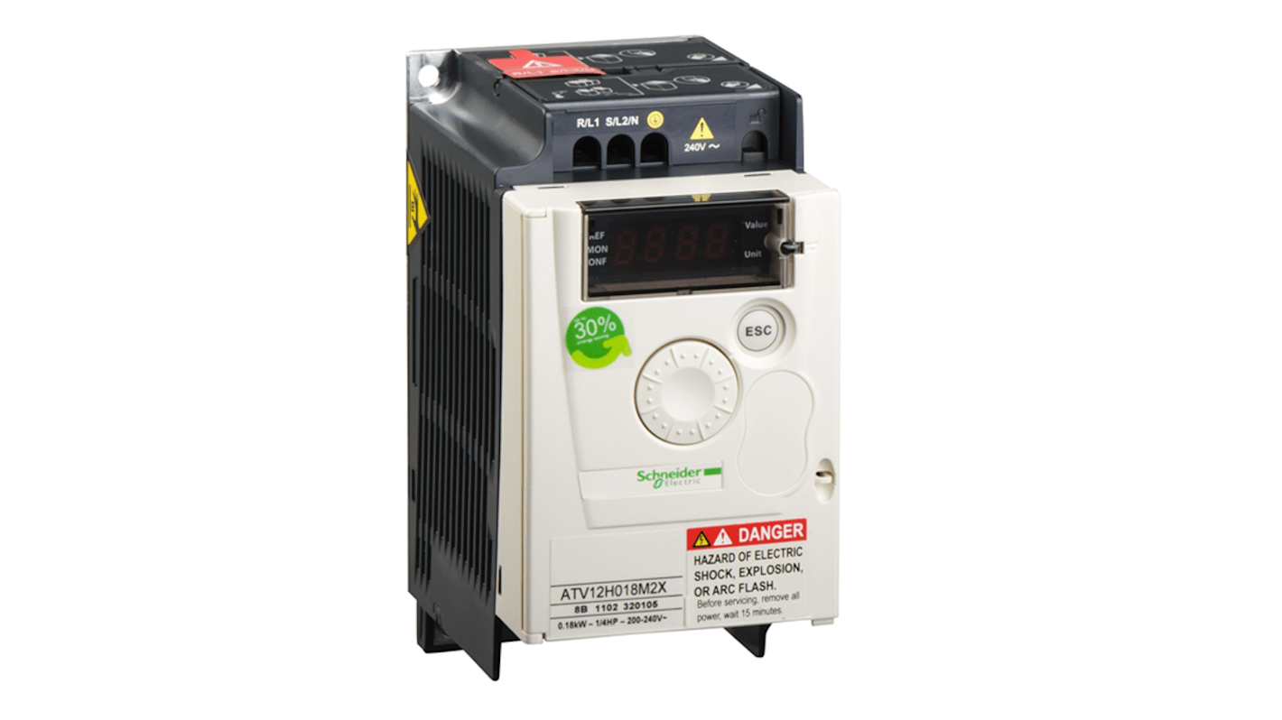 Avviatore a velocità variabile Schneider Electric ATV12H018M2X, potenza 0,18 kW, 240 V, 1 fase, con filtro EMC e grado di protezione IP20.