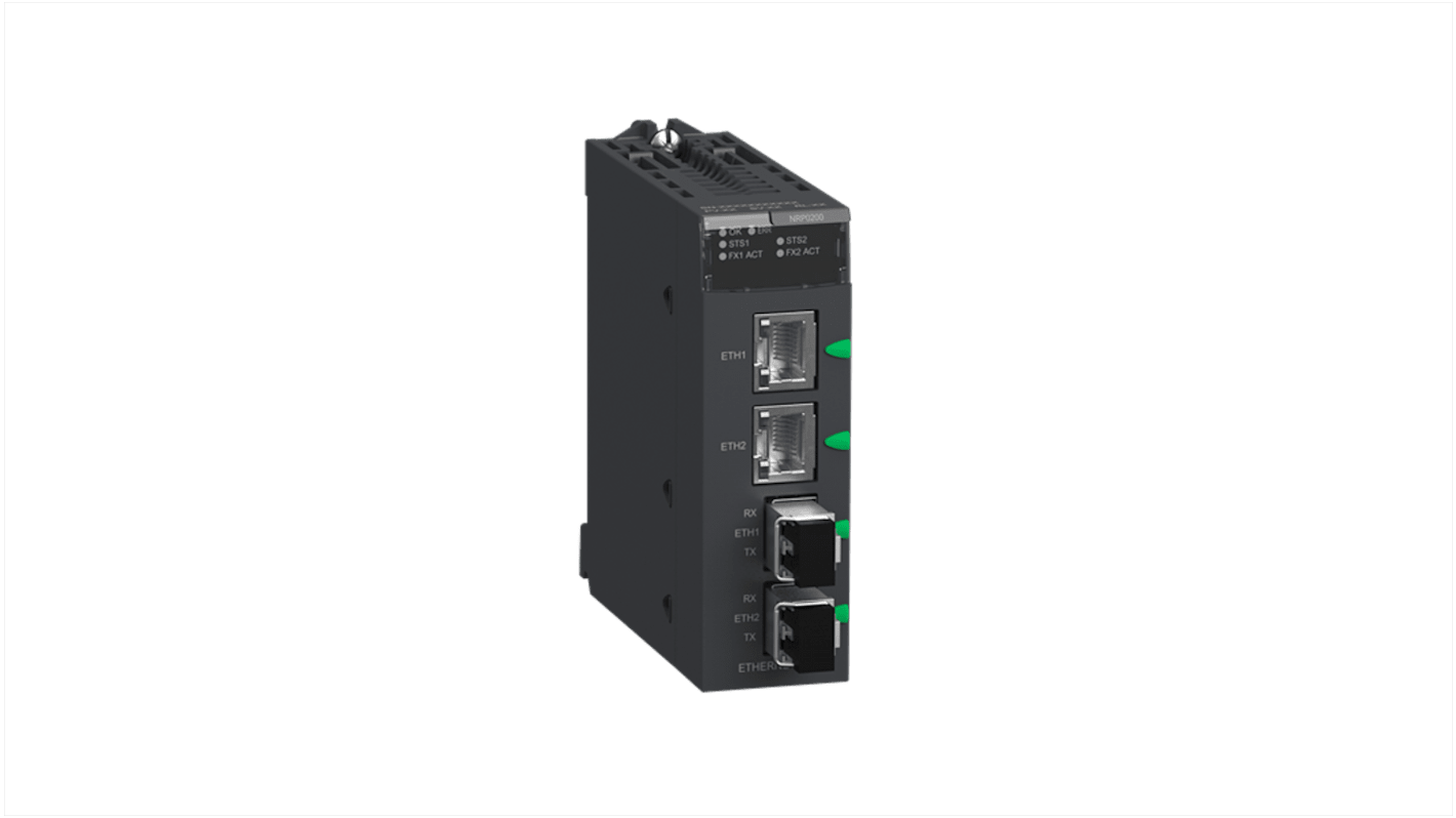 Modulo di sicurezza Schneider Electric BMXNRP0200 per automazione, tensione 24 V, design compatto, indicatori LED.