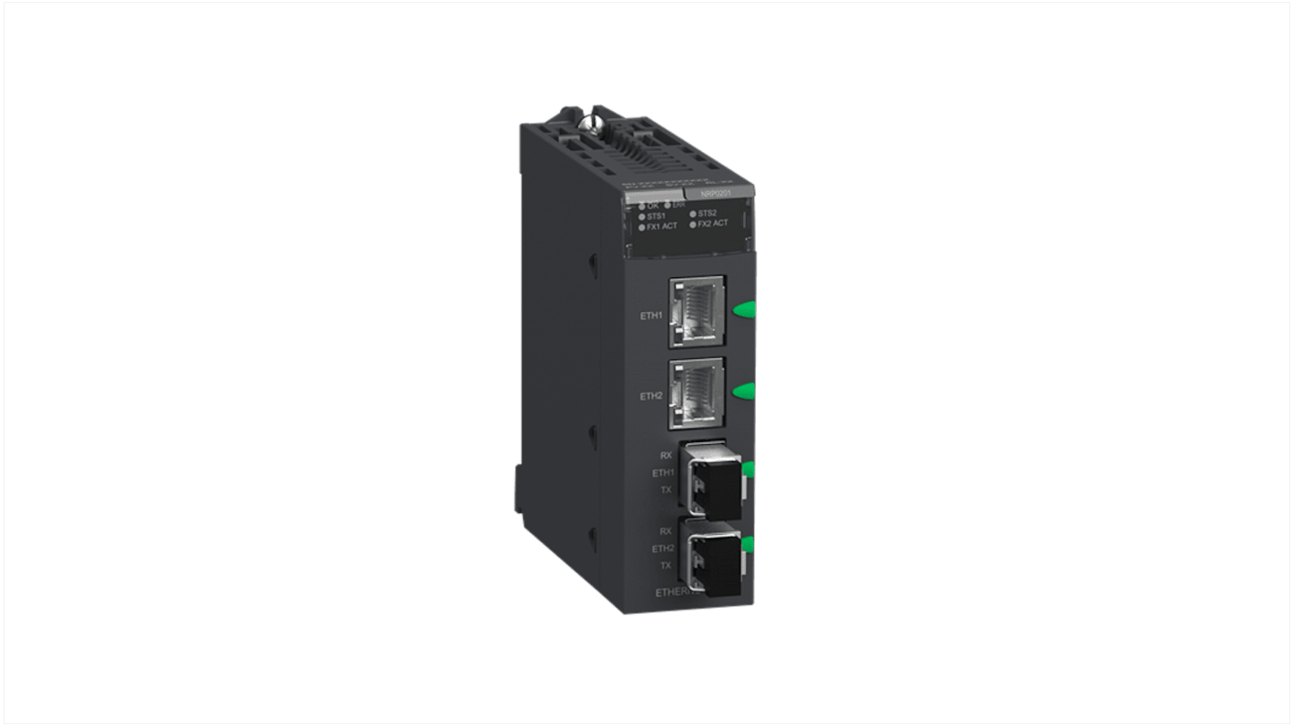 Modulo di sicurezza Schneider Electric BMXNRP0201 per Modicon X80, 24 V, 2 porte RJ45, 2 porte fibra ottica.