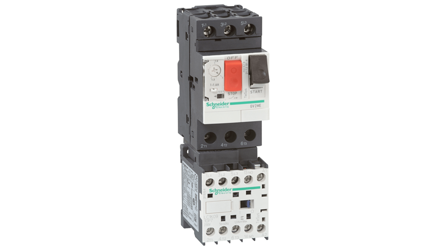 Interruttore automatico del motore TeSys Schneider Electric GV2ME10K1BW3, 24 V, 6,3 A, design compatto, potere di interruzione 50 KA.
