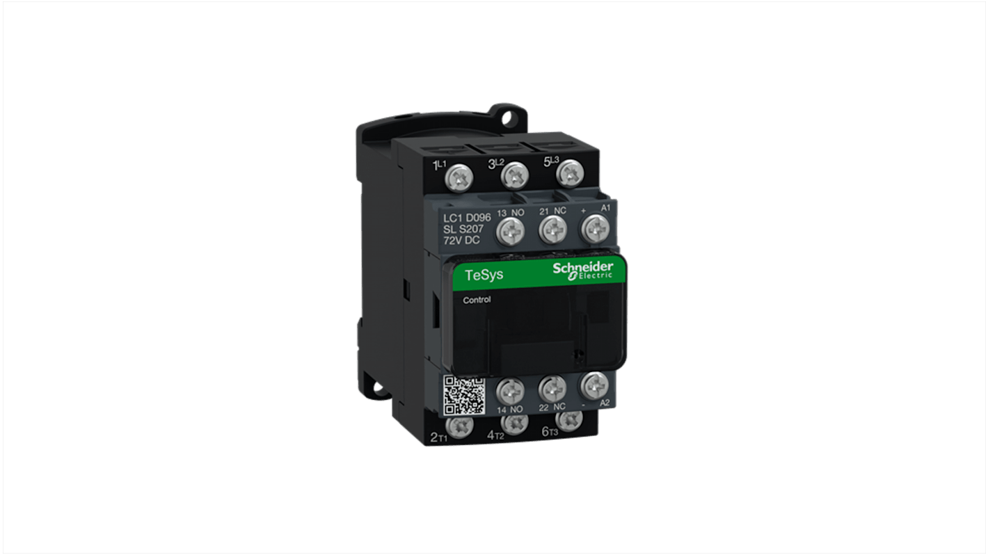 Contattore Schneider Electric LC1D096SLS207, 3NO, 9 A, 72 V c.c., progettato per controllo motore e carico resistivo.