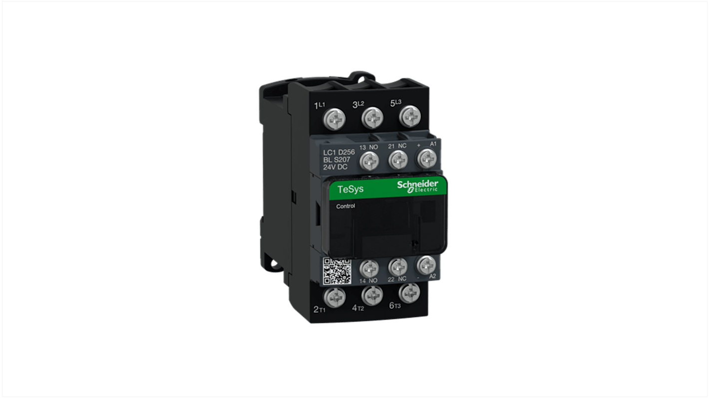 Contattore Schneider Electric LC1D256BLS207, 3NO, 25 A, bobina 24 V DC, tensione fino a 690 V CA, potenza 5,5 kW.
