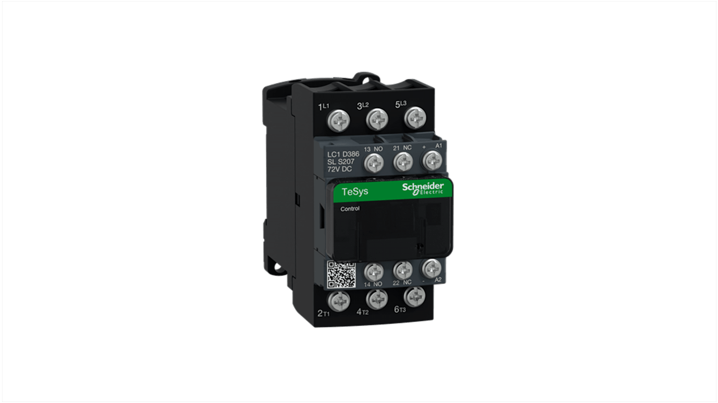 Contattore Schneider Electric LC1D386SLS207, 3NO, 38 A, tensione operativa fino a 690 V CA, per controllo motore e carico resistivo.