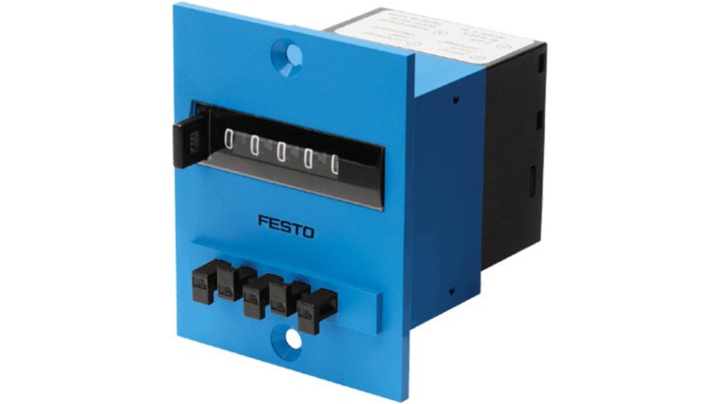 Contatore meccanico Festo PZV-E-C, display 5 cifre, montaggio frontale, pressione 2-8 bar, conforme ATEX, peso 150 g.
