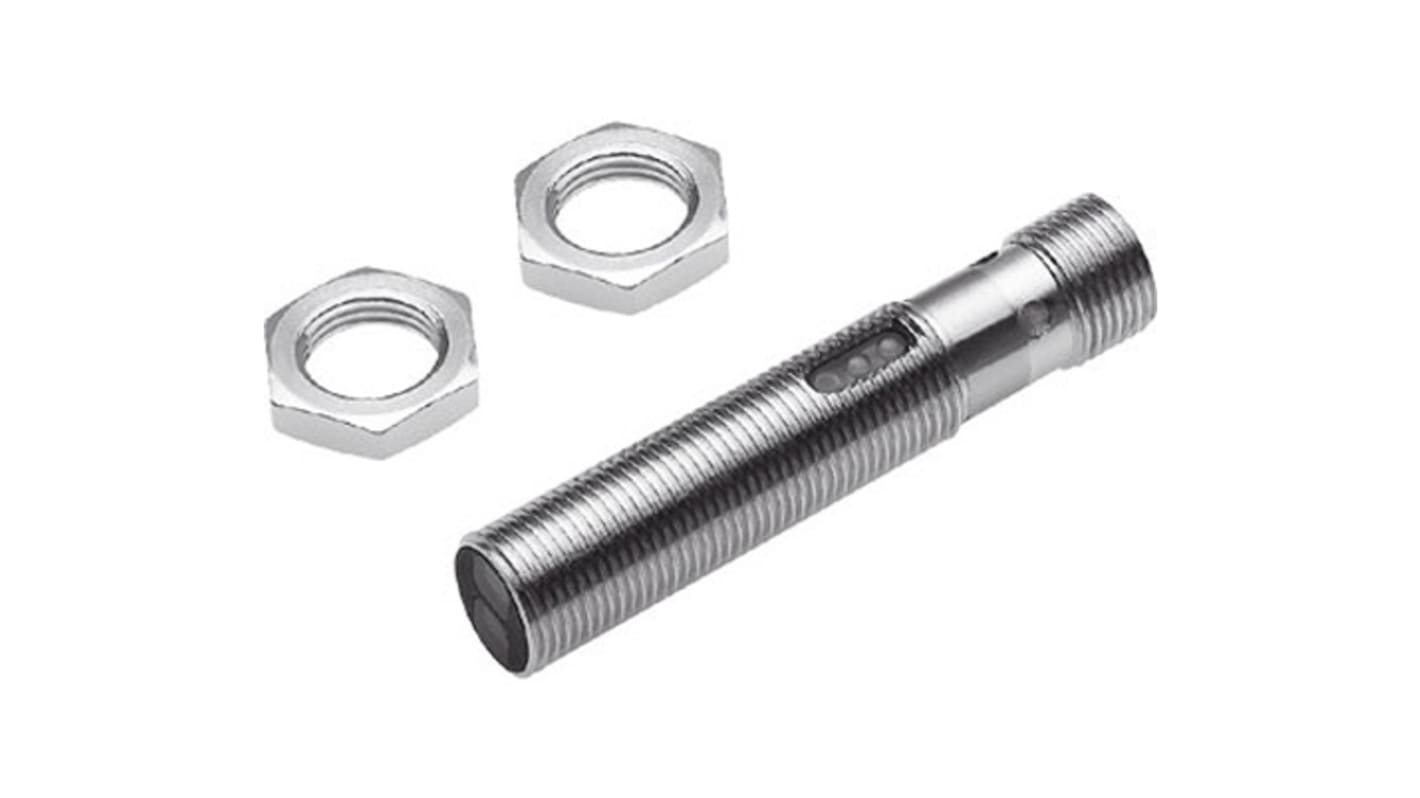 Festo SOEG-RSP-M12-NS-S-2L, sensore fotoelettrico cilindrico a retroriflessione, rilevamento fino a 1500 mm, uscita NPN, IP65/IP67.