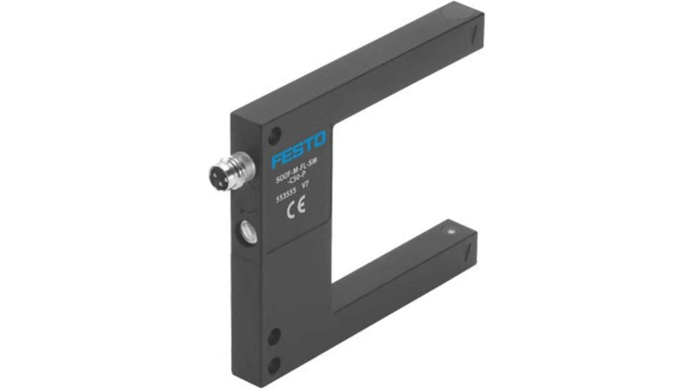 Festo SOOF-M-FL-SM-C50-P, accessorio di montaggio per sensore ottico, con connettore M8, grado di protezione IP67.