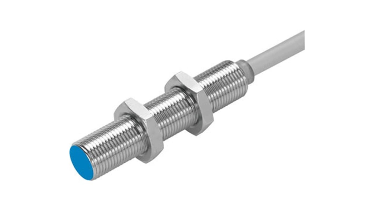Sensore di prossimità cilindrico Festo SIED-M12B-ZS-K-L, NPN, rilevamento fino a 4 mm, IP67, alimentazione 10-300 V.