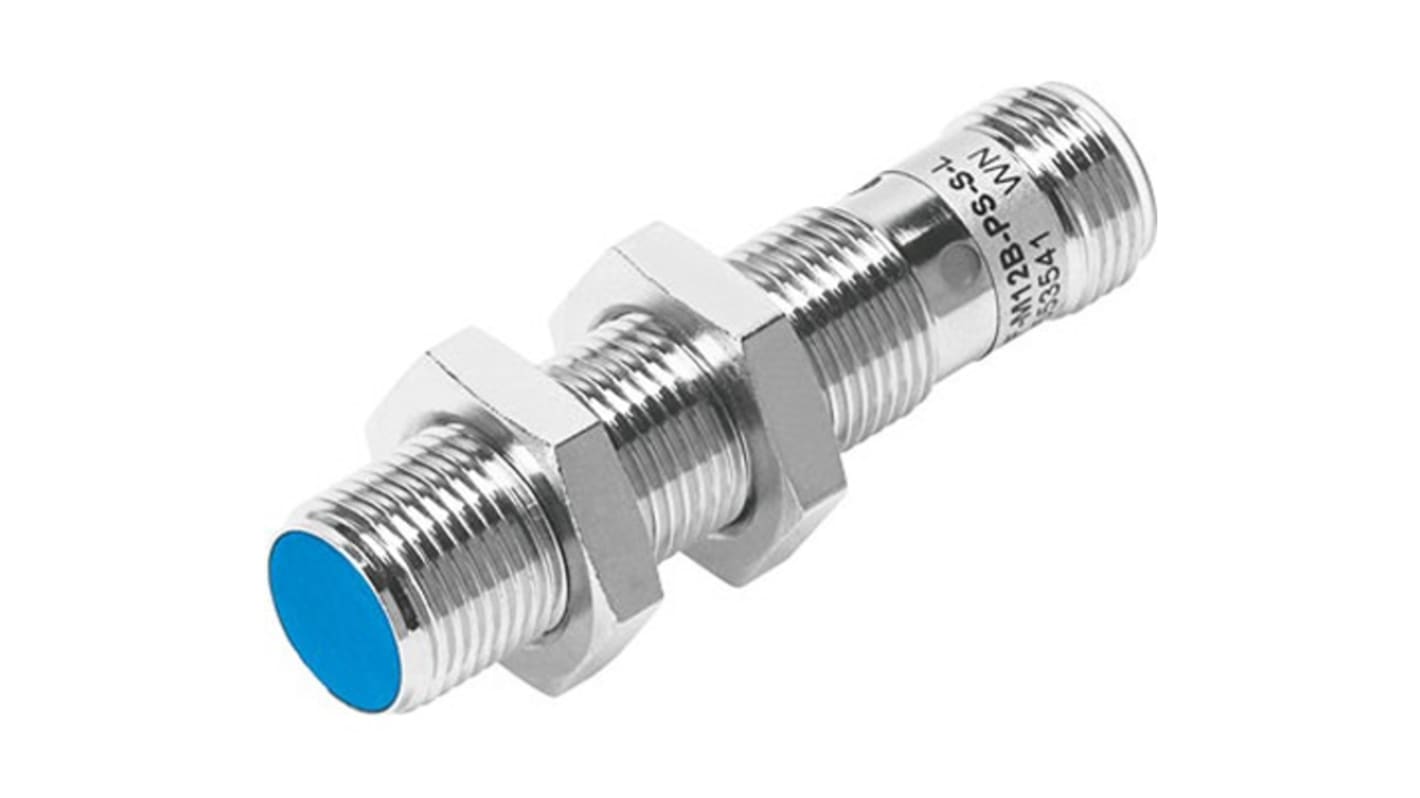 Sensore di prossimità cilindrico NPN M12 Festo SIEF-M12B-NS-S-L, rilevamento a 3 mm, IP68, alimentazione 10-30 V DC.