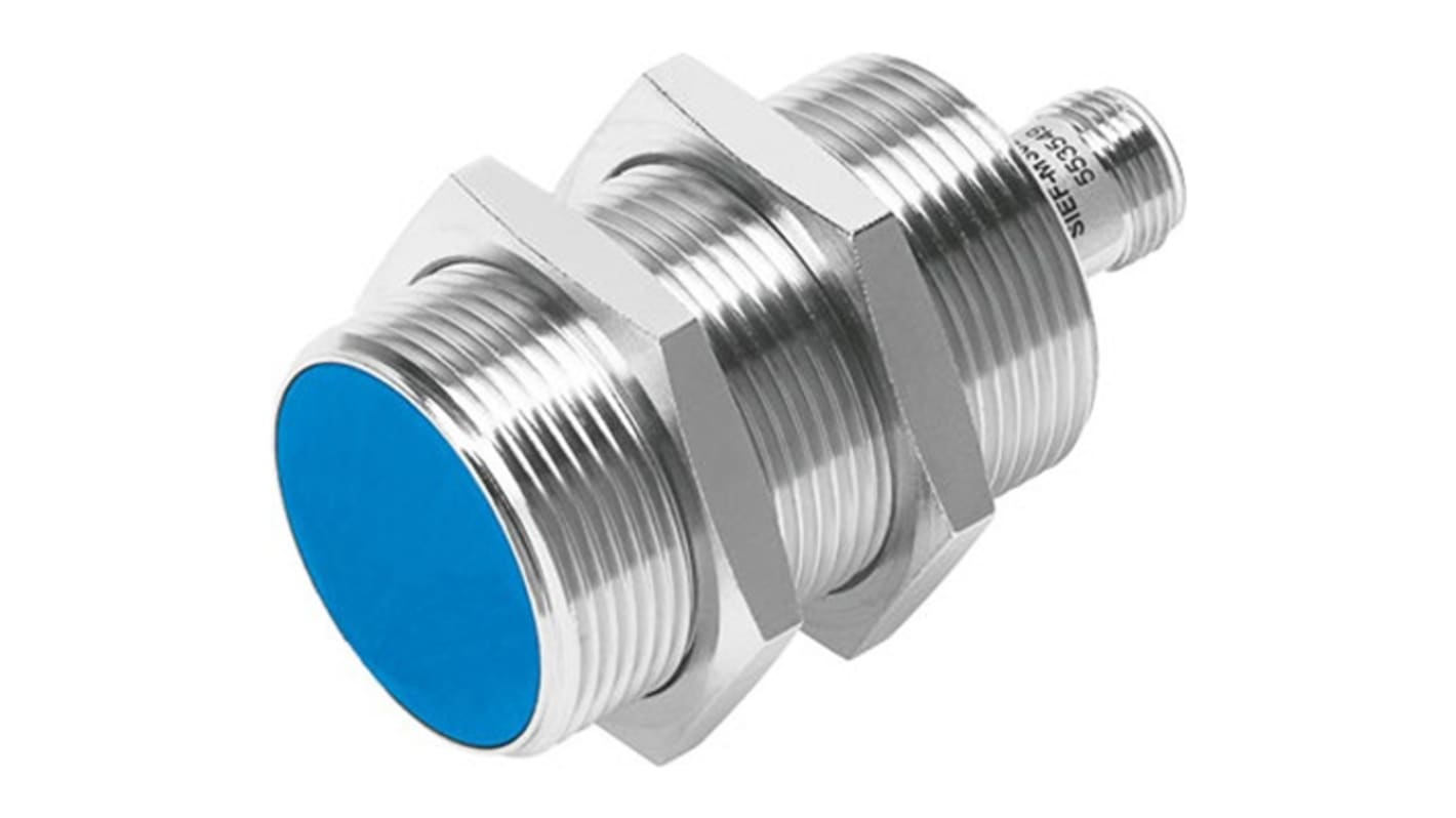 Sensore di prossimità cilindrico Festo SIEF-M30B-PS-S-L, PNP, rilevamento 10 mm, montaggio filettato, grado di protezione IP68.