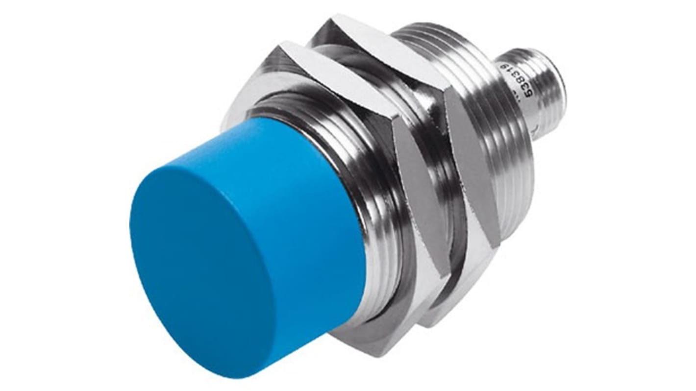 Sensore di prossimità cilindrico NPN M12 Festo SIEF-M30NB-NS-S-L, rilevamento fino a 20 mm, grado di protezione IP67.