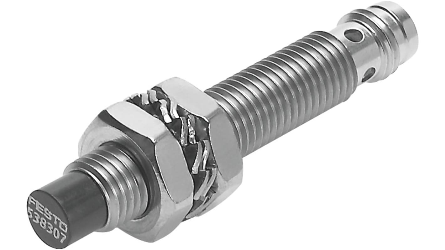 Sensore di prossimità Festo SIEF-M8NB-NS-S-L, cilindrico M8, NPN, rilevamento 4 mm, IP67, alimentazione 10-30 V DC.