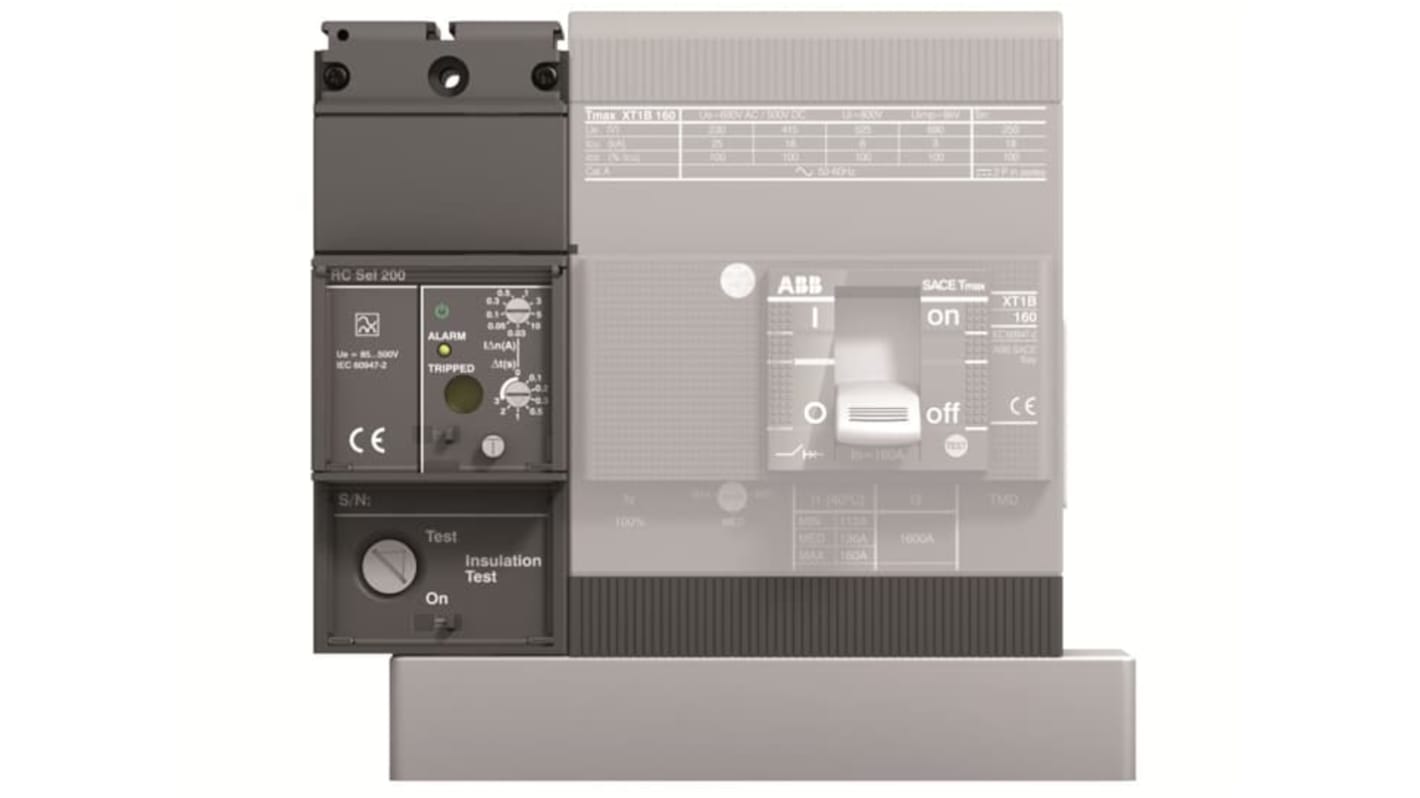 Rilascio corrente residua ABB 1SDA067121R1 per interruttori XT1, tensione 85-690 V CA, installazione semplice, conforme RoHS.