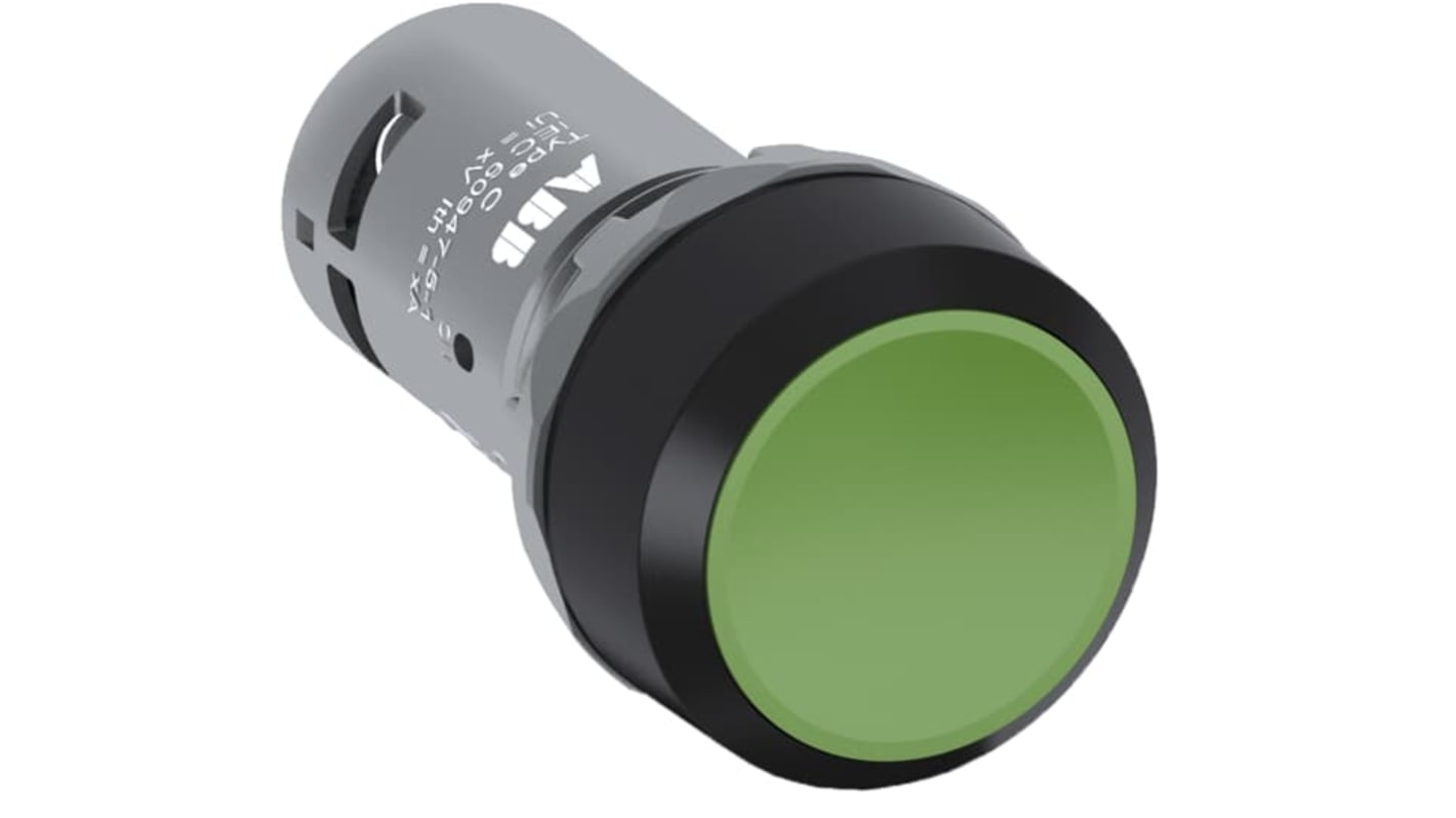 Pulsante momentaneo ABB con 2 contatti NA, montaggio a filo, grado di protezione IP66/IP67/IP69K, colore verde.