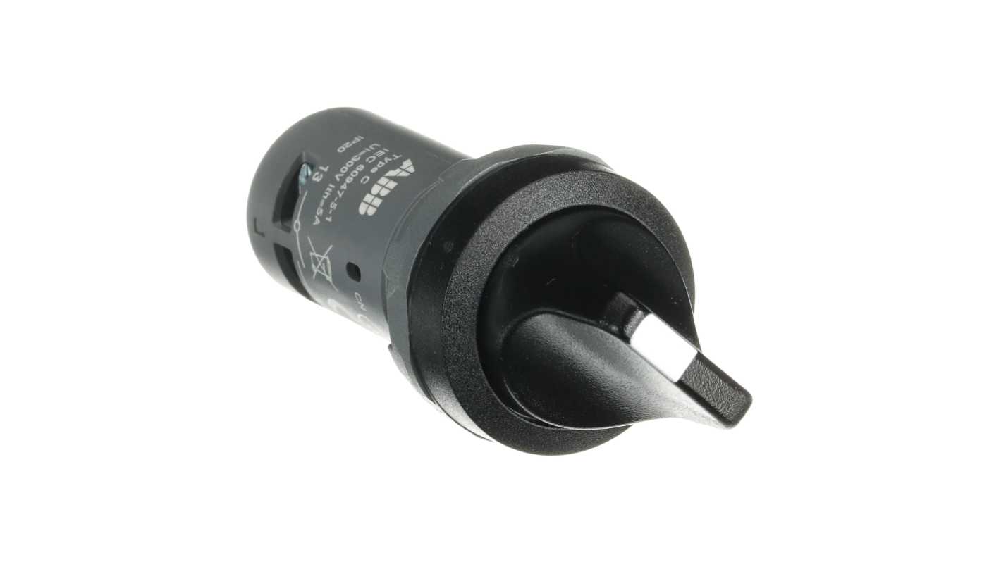 Selettore a 2 posizioni ABB 1SFA619200R1016, struttura in plastica nera, grado di protezione IP66, 1 contatto NA e 1 contatto NC.