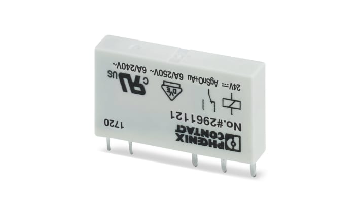 Relè di potenza Phoenix Contact 2961121, SPDT, 24V cc, montaggio su PCB, dimensioni 5 x 15 x 28mm, corrente 6A.