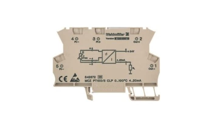 Condizionatore di segnale Weidmüller ACT20X, compatibile con sensori PT100, montaggio su guida DIN, larghezza 6 mm.