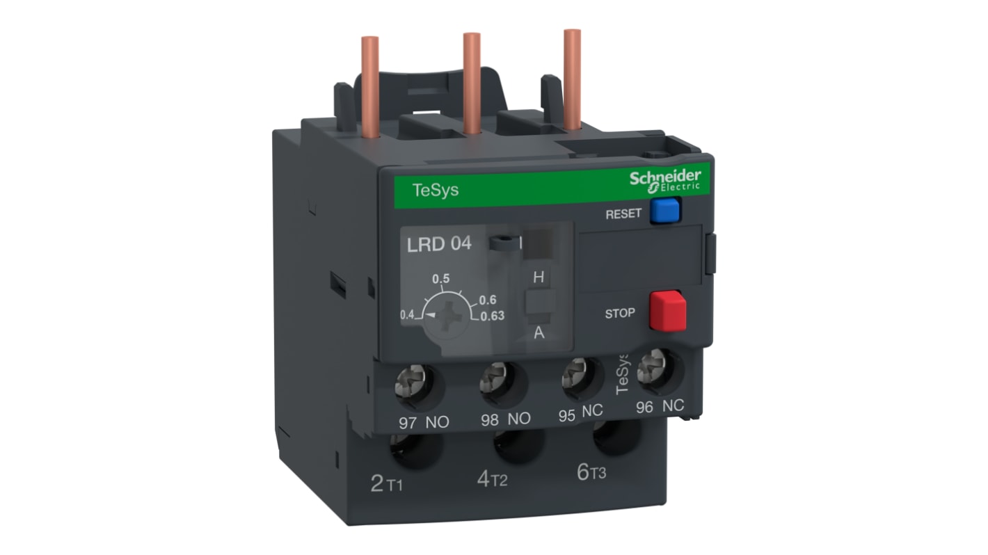 Relè di sovraccarico termico Schneider Electric LRD04, TeSys serie LRD, 1 NO + 1 NC, carico FLC 0,4-0,63 A. Protezione affidabile per motori industriali.