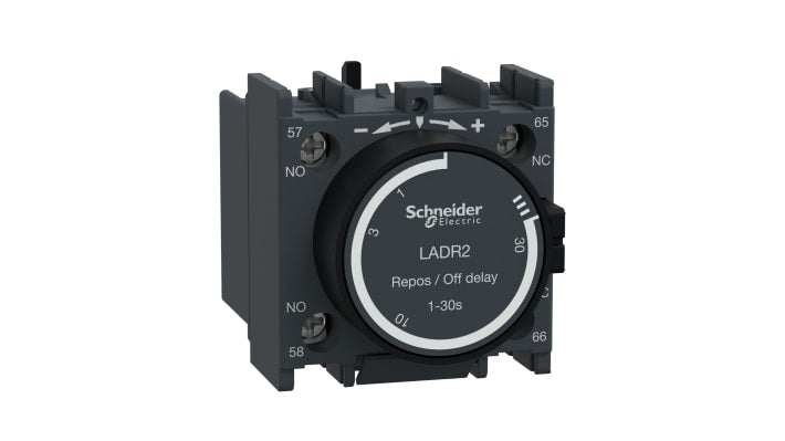Timer pneumatico Schneider Electric LADR2 TeSys con ritardo 1-30s, tensione 690V. Ideale per controlli precisi in ambienti industriali e HVAC. Robusto e facile da installare.
