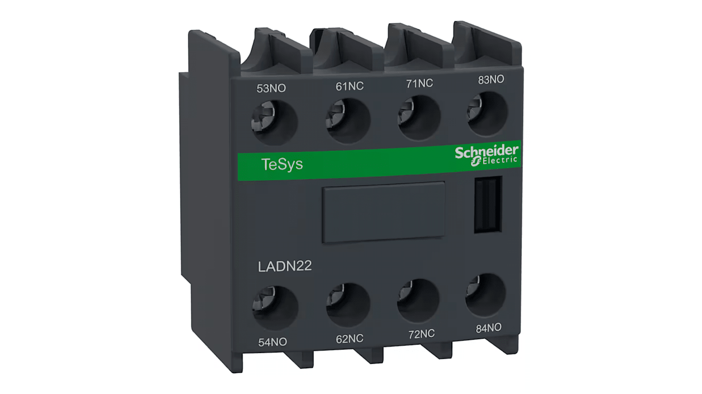 Unità di contatto ausiliaria Schneider Electric LADN22, 2NC + 2NO, 10A, montaggio frontale. Ideale per sistemi di controllo a relè e applicazioni ad alta temperatura.