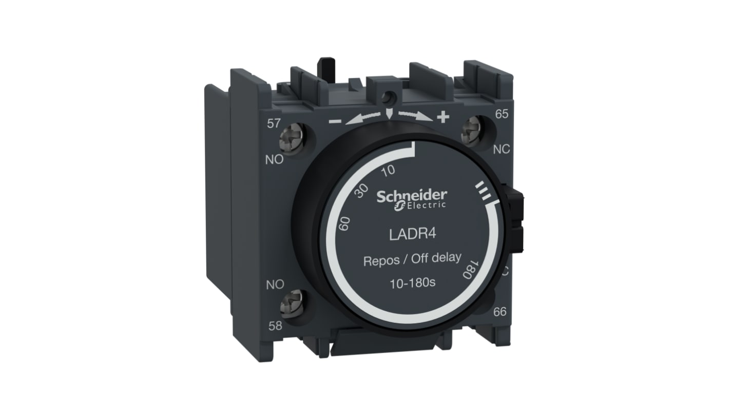 Timer pneumatico Schneider Electric LADR4 per TeSys Deca CAD, LC1D, CR1F, LC1F - 10A, 690V. Affidabile, Green Premium, facile installazione.
