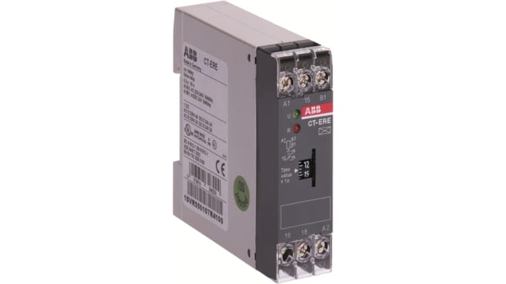 Relè timer ABB 1SVR550107R4100, 1 contatto SPDT, intervallo 0,3-30 s, montaggio su guida DIN, dimensioni 78 x 22,5 mm.