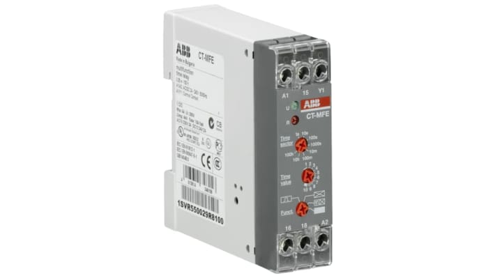 Relè timer ABB, SPDT, montaggio su guida DIN, 6 funzioni, intervallo 0.05 s a 100 h, dimensioni 22.5 x 78 x 78.5 mm.