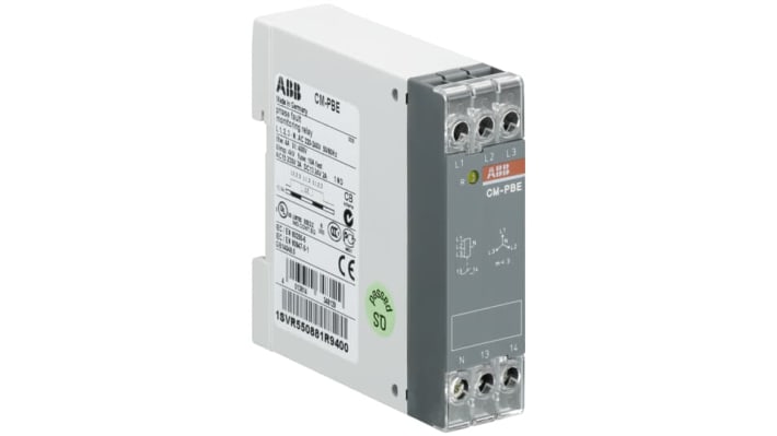 Relè di monitoraggio Fase ABB CM-PBE, SPST, 220-240V AC, montaggio su guida DIN, dimensioni 78,5 x 22,5 x 78 mm.