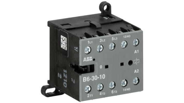 Contattore ABB GJL1211001R8100, 3 poli, 9 A, bobina 230 V, montaggio su guida DIN, dimensioni 46,5 x 52,5 x 57,5 mm.