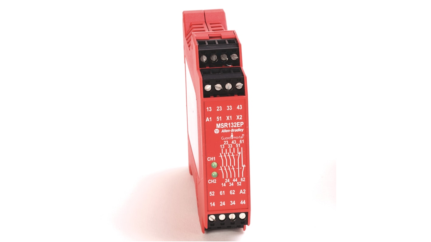 Modulo I/O Allen Bradley Guardmaster 440R-E23098, 24 V c.c., 1 ingresso, 6 uscite, montaggio su guida DIN, dimensioni 99 x 22,5 x 114,5 mm.