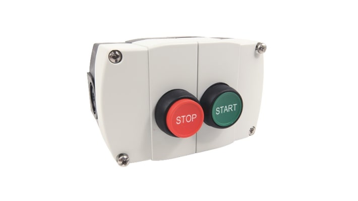 Scatola per pulsante Allen Bradley 800F-2PM, IP66, dimensioni 124x79x58 mm, colore grigio, con 2 fori Ø 22mm, resistente a polvere e getti d'acqua.