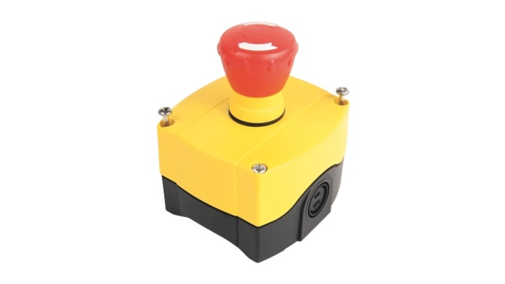 Scatola per pulsante Allen Bradley 800F-1YM, IP66, plastica gialla, 1 foro Ø 22mm, dimensioni 85 x 89 x 58 mm, adatta per ambienti industriali.