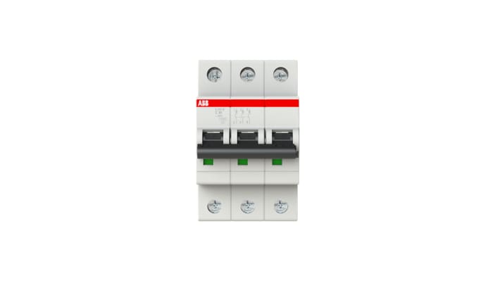 Interruttore magnetotermico ABB S203M-C40, 3 poli, 40A, montaggio su guida DIN, dimensioni 88mm x 52.5mm x 69mm.