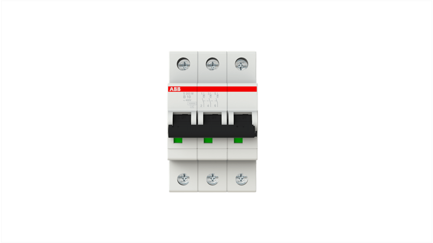 Interruttore magnetotermico ABB S203M-B10, 3 poli, 10A, Tipo B, montaggio su guida DIN, dimensioni 52,5 x 88 x 76 mm.