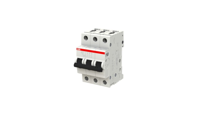 Interruttore magnetotermico ABB S203M-B10, 3 poli, 10A, Tipo B, montaggio su guida DIN, dimensioni 52,5 x 88 x 76 mm.