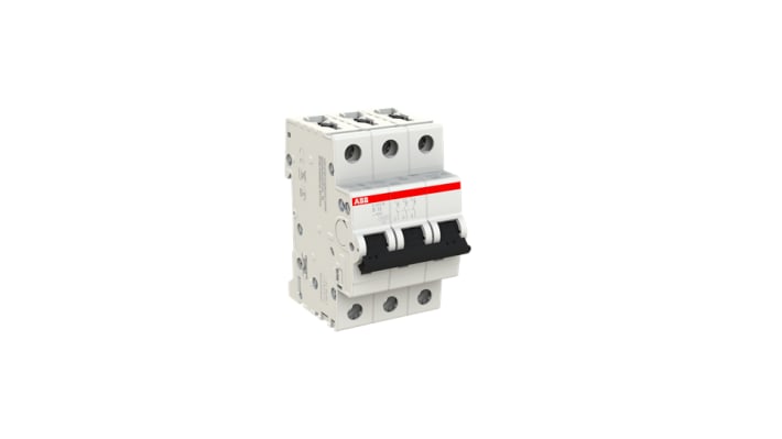 Interruttore magnetotermico ABB S203M-B10, 3 poli, 10A, Tipo B, montaggio su guida DIN, dimensioni 52,5 x 88 x 76 mm.