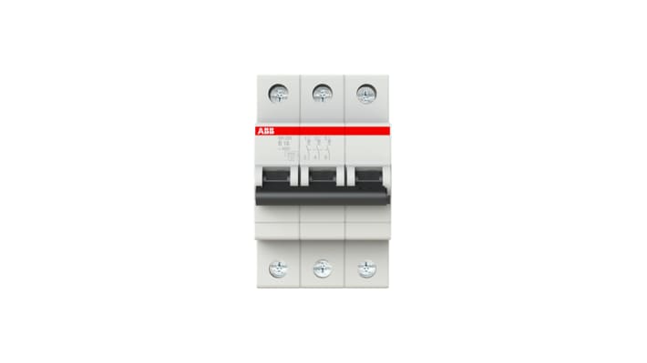 Interruttore magnetotermico ABB SH203-B16, 3 poli, 16A, montaggio su guida DIN, dimensioni 85 x 52,5 x 69 mm.