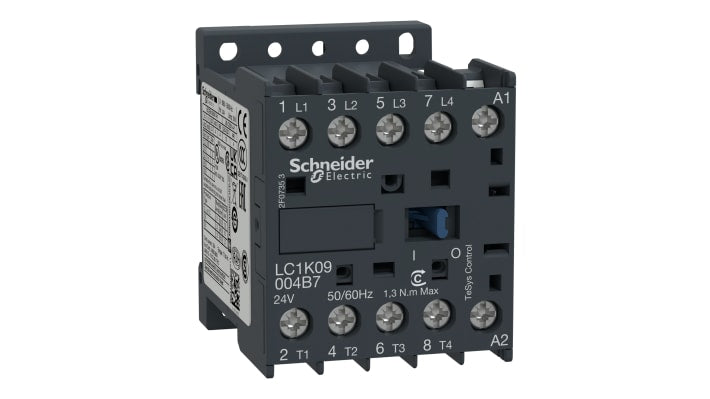 Contattore Schneider Electric LC1K09004B7, 4 poli, 20 A, 690 V c.a., montaggio su guida DIN, dimensioni 58x45x57 mm.
