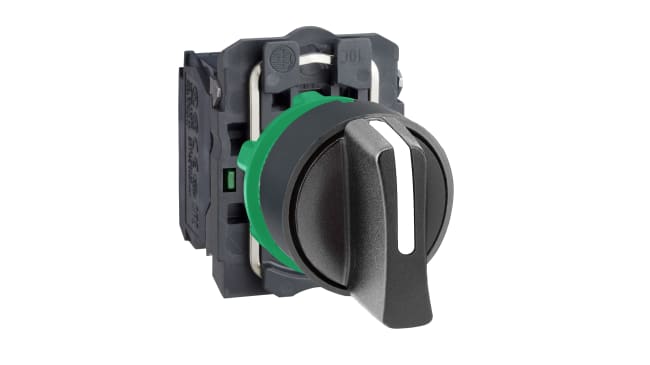 Selettore a 3 posizioni Schneider Electric XB5AD33, diametro di montaggio 22 mm, protezione IP69K, resistenza da -40 a +70 gradi.