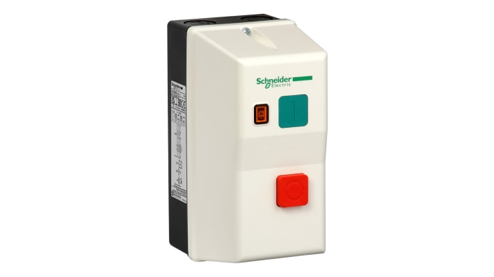 Starter DOL automatico Schneider Electric LE1M35V7, potenza 7,5 kW, 16 A, IP65, montaggio su guida DIN, dimensioni 160x78x108 mm.