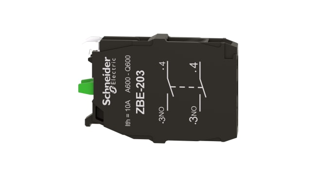 Blocco contatti Schneider Electric ZBE203, 2 NA, terminali a vite. Serie Harmony XB4/5, durata meccanica 100M cicli. Eco-friendly e conforme a norme EN/IEC 60947-5-1.