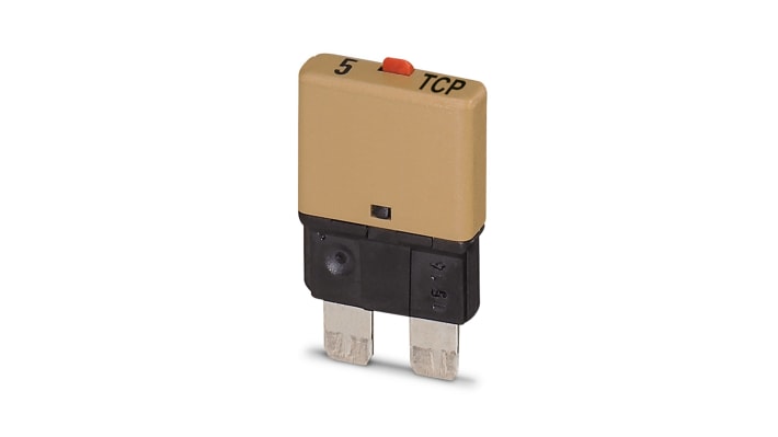 Interruttore termico Phoenix Contact TCP5, 5 A, 32 V cc, design compatto, installazione senza utensili, dimensioni 24 x 6 x 20.3 mm.