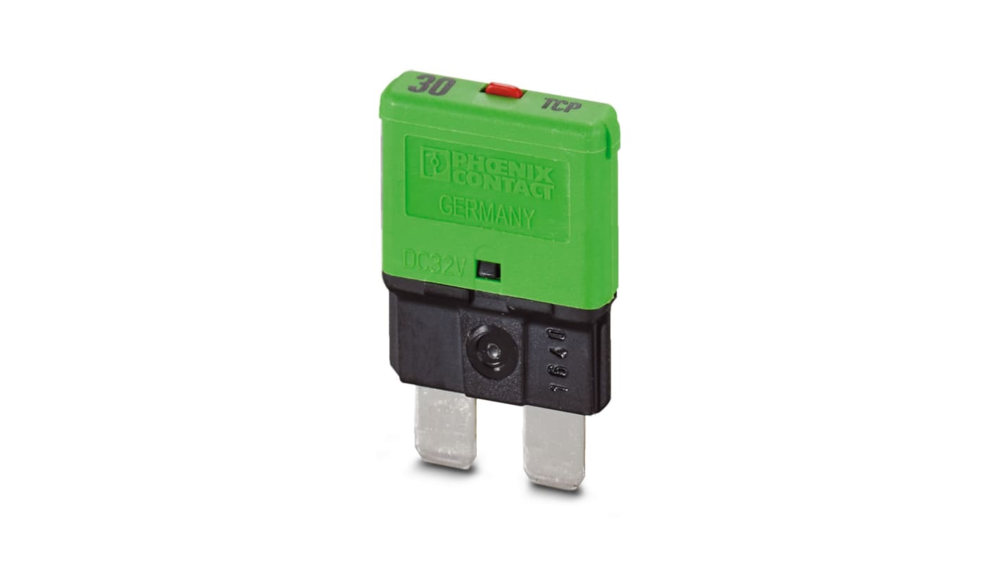 Interruttore termico 1 polo Phoenix Contact, 30A, 32V cc, design compatto 30.4 x 6 x 20.3 mm, montaggio su guida DIN.