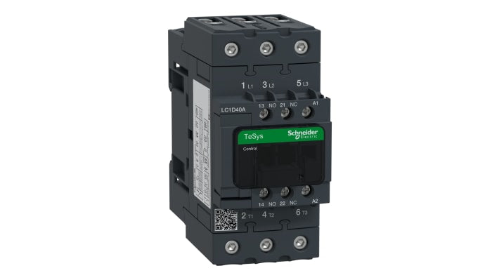 Contattore Schneider Electric LC1D40AE7 3P 40A 18,5 kW 48V CA per controllo motori e carichi resistivi. Ideale per applicazioni industriali.