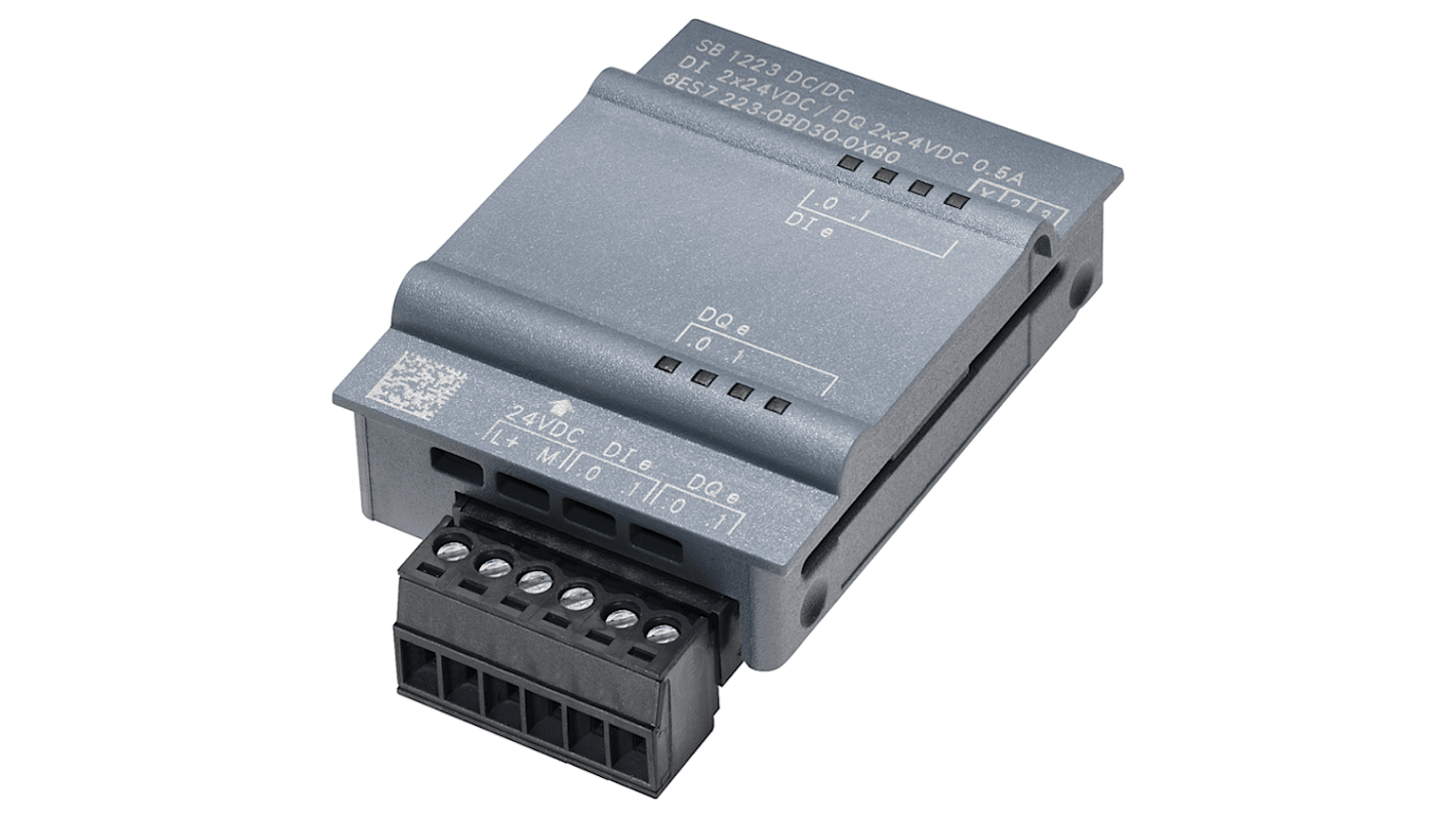 Modulo di espansione Siemens 6ES7223-0BD30-0XB0 per PLC S7-1200, 2 ingressi e 2 uscite digitali, dimensioni 62 x 38 x 21 mm.