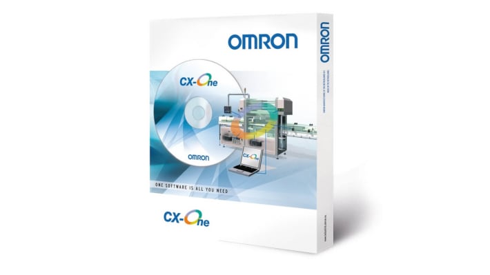 Software di programmazione PLC Omron CXONE-DVD-EV4 per configurazione di sistemi di controllo e sensori.