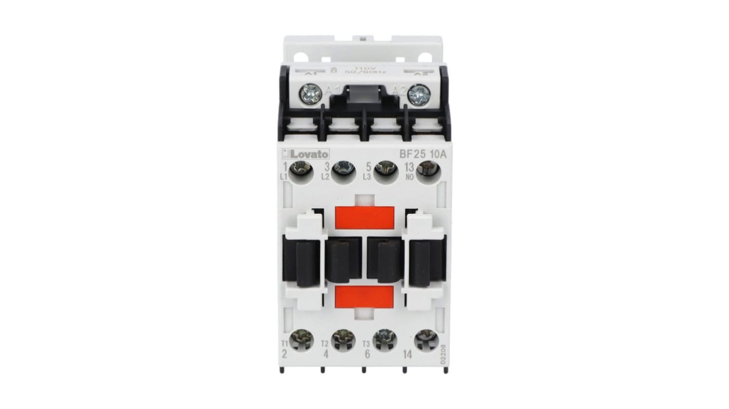 Contattore Lovato BF2510A230, 3 poli, 25 A, montaggio su guida DIN, dimensioni 81 x 45 x 80.7 mm, grado di protezione IP20.